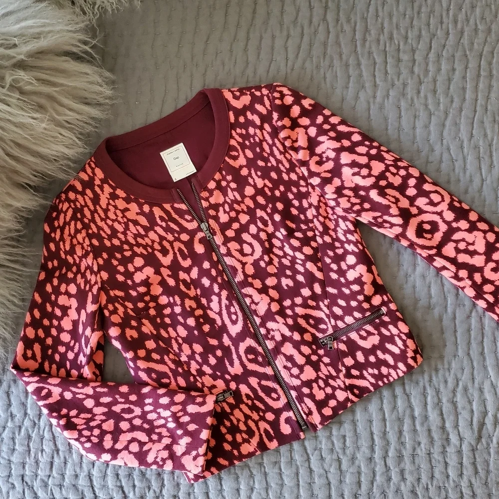 Gap Colorful Leopard Print Cropped Zip Jacket Size 0 - Picture 2 of 6
